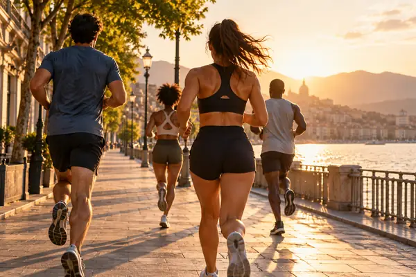 Following camera view of runners moving down a warm, sunlit urban promenade.