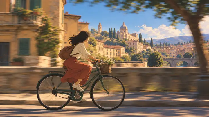 A cyclist rides through a sunlit city street.