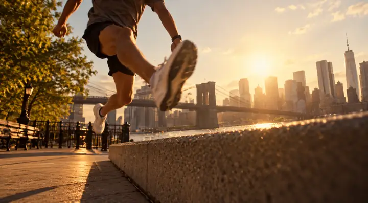 A runner moves through a warm, cinematic outdoor scene.