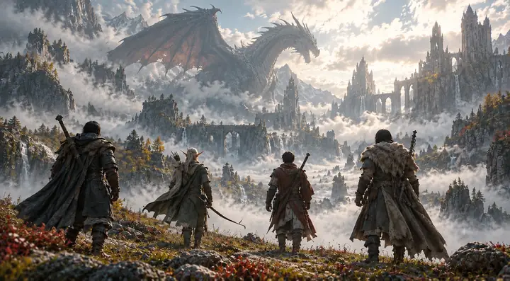 Travelers face an immense dragon in a misty mountain landscape.